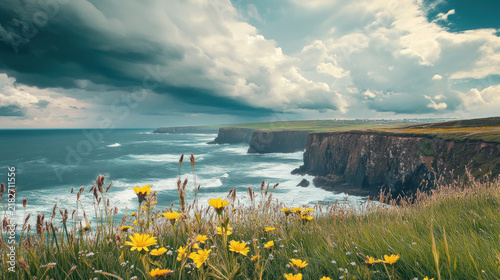 Stunning view of dramatic ocean cliffs under a cloudy stormy sky with vibrant yellow wildflowers blooming in the foreground on a lush coastal cliffside