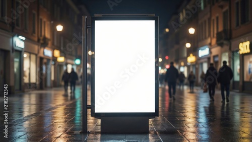 Blank illuminated billboard on a rainy city street at night