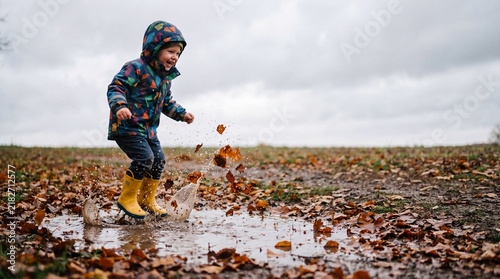 Child Jumping Into Rain Puddle In Autumn With Wet Leaves For Happy Seasonal Childhood Lifestyle