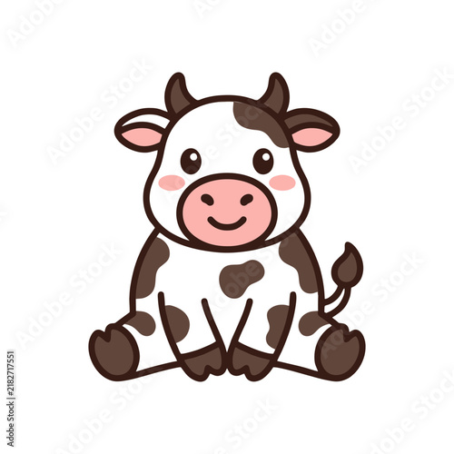 Cute sitting spotted cow illustration on white
