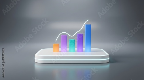 Bar graph with rising line on illuminated platform 3d rendering