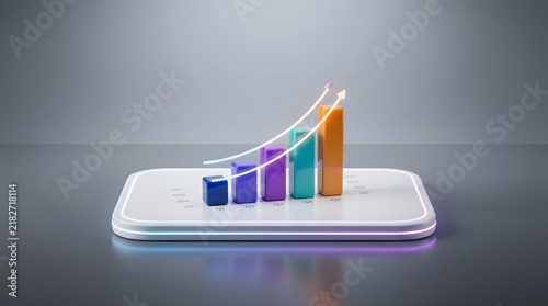 Bar graph with upward trend displayed on a glowing platform