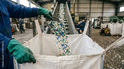 Side view of a factory worker in green gloves using a metal scoop to transfer colorful shredded plastic regrind flakes into a massive white bulk bag.