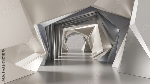Abstract geometric perspective tunnel with layered shapes and shadows