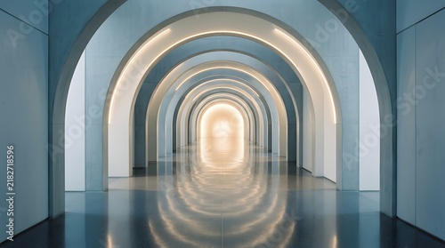 Arched hallway with illuminated ceilings creates a vanishing point perspective
