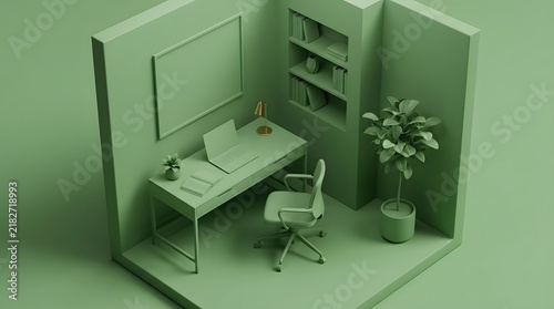 Monochromatic home office setup with desk chair and potted plant