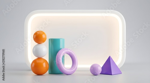 Geometric shapes arrangement with illuminated backdrop a 3d rendering