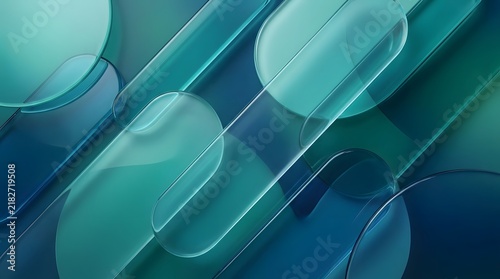 Abstract arrangement of translucent cylinders and spheres in teal tones