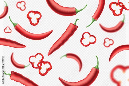 Realistic Bright red chili peppers float against a clean white background