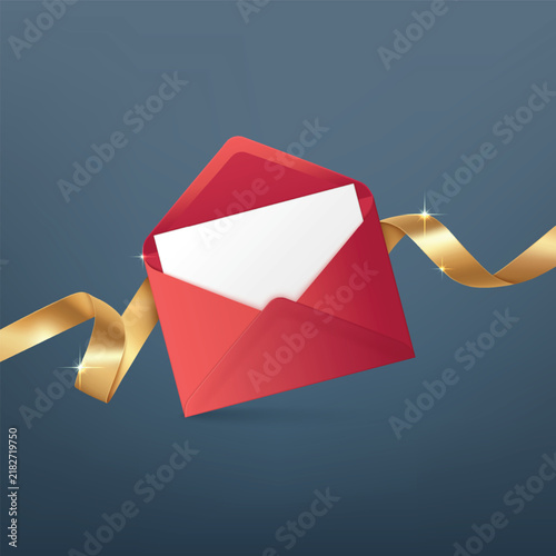 Red envelope opens with a golden ribbon, revealing blank paper inside on dark background
