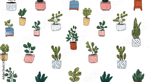 Seamless pattern with small potted houseplants in pastel containers on a white background, cute botanical illustration, indoor gardening surface design