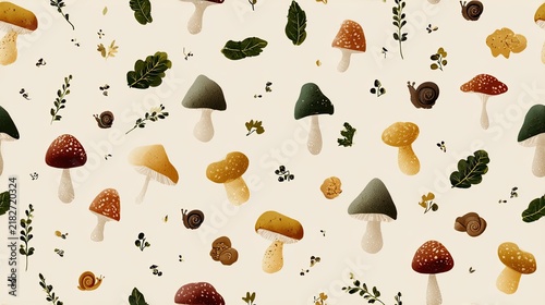 Seamless mushroom pattern with stylized forest fungi in earthy green, brown and yellow tones on a cream background, whimsical woodland surface design