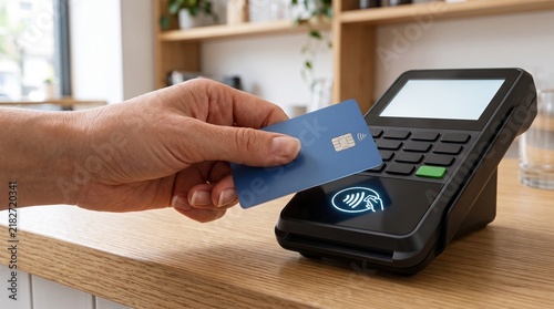 Hand holding a blue credit card for contactless payment using a POS terminal