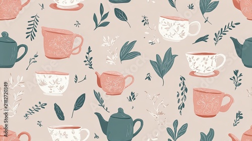 Seamless pastel pattern with tea cups, teapots and leafy botanical details on a soft cream background, cozy kitchen illustration and decorative surface design
