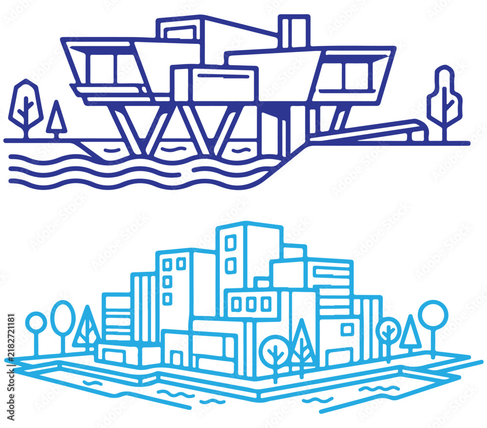 Obraz premium Modern architecture vector icons of a futuristic waterfront villa and a city skyline on an island