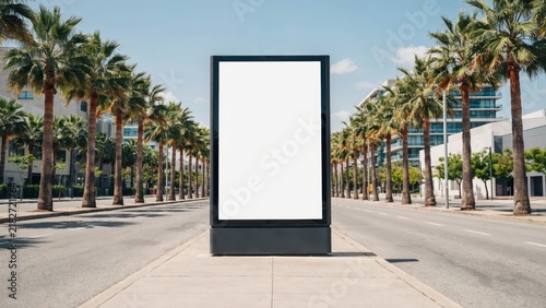 Blank vertical billboard on a sunny street with palm trees