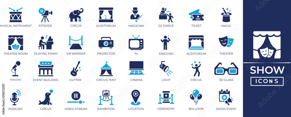 Naklejka premium Show solid icon set featuring entertainment, stage, theater, spotlight, ticket, magic, concert, and event vector graphics.