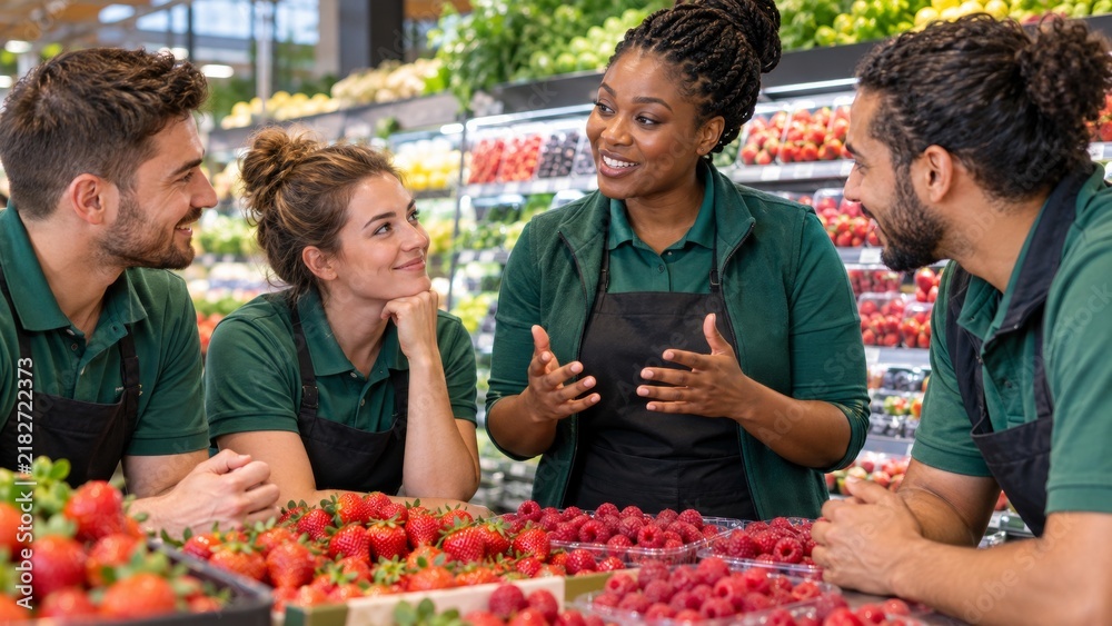 Fototapeta premium Produce Department Manager Leading Pre-Opening Team Briefing