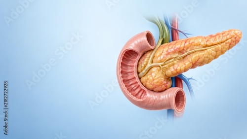 Human pancreas anatomy with duodenum, gallbladder and blood vessels on blue background. 3D medical illustration of digestive