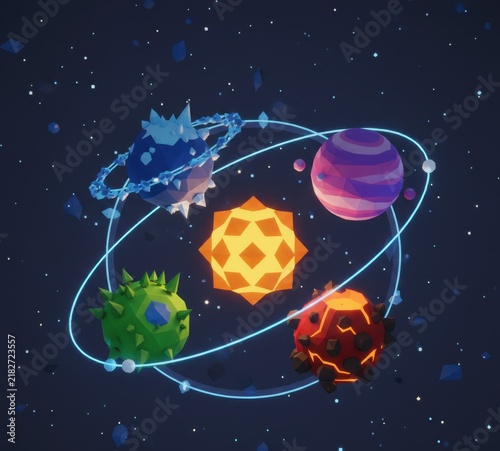 Obraz na płótnie Creative colorful planetary system in polygonal low poly illustration style