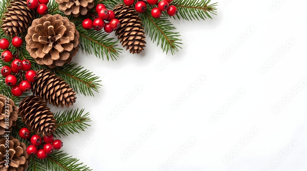 Fototapeta premium Festive christmas border made of pine cones and red berries on a white background with copy space