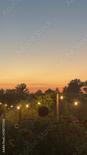 A serene garden bathed in the warm glow of golden hour, with string lights casting a magical ambiance over blooming flowers and lush greenery as the sun dips below the horizon. Mediglia, Italy