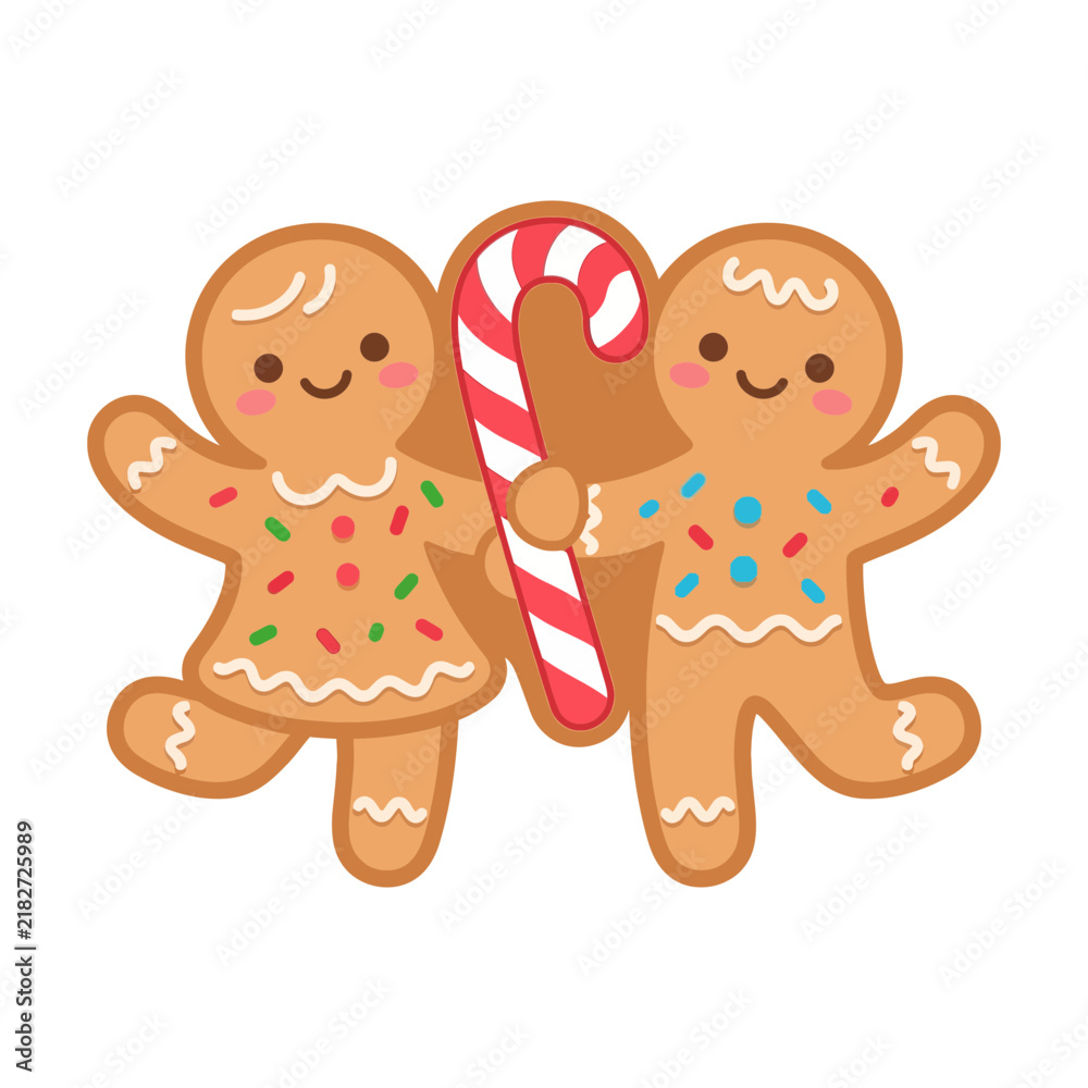 Obraz premium Gingerbread couple holding a large candy cane