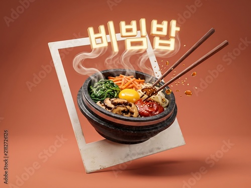 Korea Hangeul Day Bibimbap Bowl 3D Render Popping Out of Frame