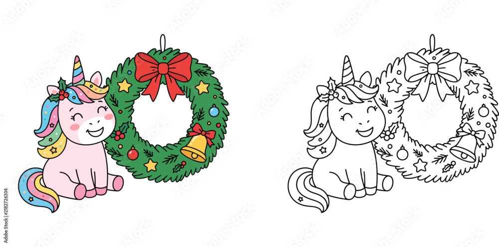 Fototapeta premium Cute Christmas Unicorn and Holiday Wreath Illustration Set with Coloring Page, Festive Kawaii Character for Kids Activity and Xmas Decoration, Vector Art