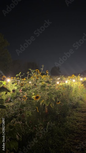 Sunflower Field at Night: A field of sunflowers illuminated by warm, soft lights under a dark night sky creates a magical and serene atmosphere, blending nature's beauty with nocturnal charm.