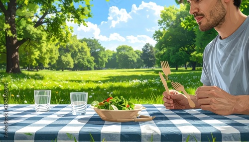 Man eating salad at outdoor picnic in green park.