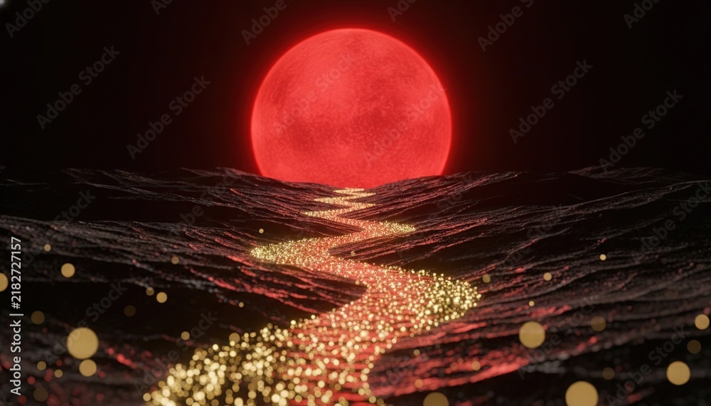 Obraz premium Digital illustration of a surreal landscape featuring a large red moon above a winding path of glowing particles across dark terrain