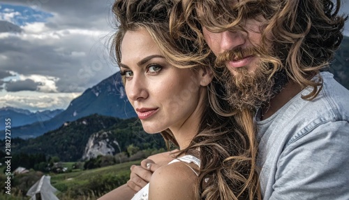 Romantic couple embracing in scenic mountain landscape.