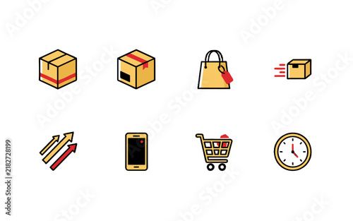 A collection of e-commerce related icons including boxes, shopping bag, mobile phone, shopping cart, clock, and growth chart.