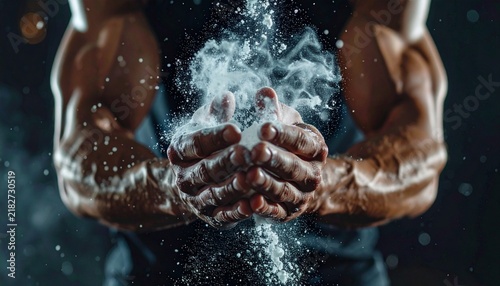 Muscular man's hands clapping chalk dust preparing for intense workout