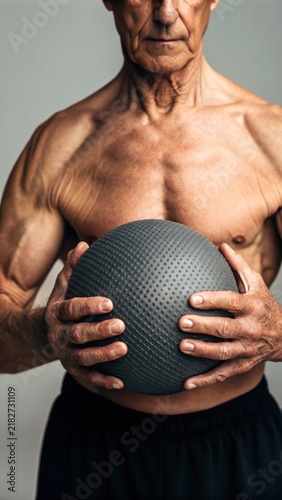 Senior functional fitness concept. Muscular elderly man holding a textured medicine ball, showcasing strength and fitness in a close-up portrait.