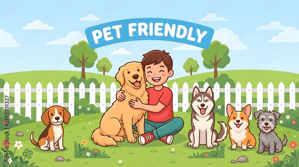 Fototapeta premium Happy boy hugging a golden retriever with various dog breeds in a pet friendly park.