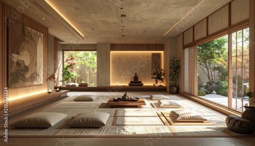 Modern spacious meditation hall with floor seating.
