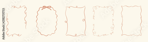 Collection of vector hand drawn vintage frames with wavy lines, bows and ribbons.  Modern trendy borders for wedding invitation, birthday card, social media template. whimsical style.