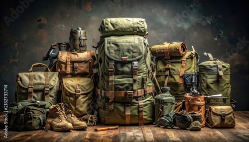Military style olive green canvas backpacks and hiking gear.