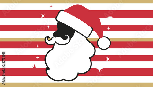 Elegant Santa Claus silhouette on a striped red, white, and gold background decorated with sparkly winter stars.