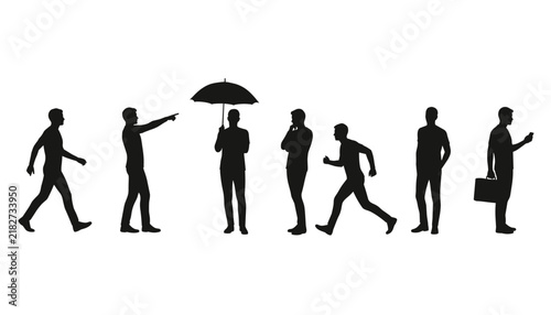 Silhouettes of men in various daily activities including walking, running, thinking, holding a briefcase, and carrying an umbrella.
