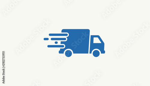Blue delivery truck icon with speed motion lines represents fast shipping, logistics services, courier transport, and quick mail delivery.