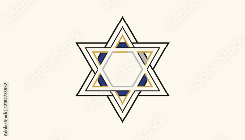 Elegant Star of David symbol with overlapping geometric lines in gold, blue, and black on an off-white background.