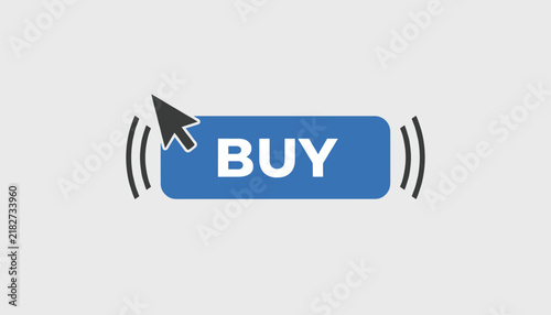 Rounded blue buy button with a black cursor clicking the corner and soundwave lines to represent online shopping and conversion.