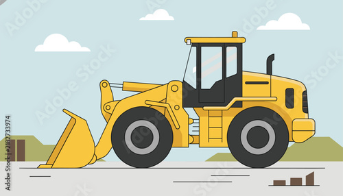 Yellow front loader tractor or heavy bulldozer vehicle stands on a construction site with small hills and clouds in the sky.