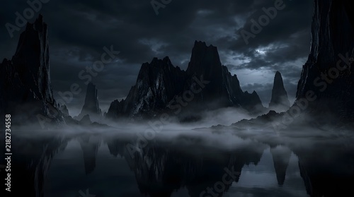 A stunning obsidian shadow landscape 4k wallpaper featuring dark jagged mountains reflected in a calm mysterious lake under moonlight sky