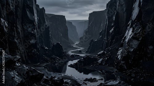 A dark cinematic obsidian shadow landscape 4k wallpaper featuring a winding river flowing through deep rocky canyons under moody skies