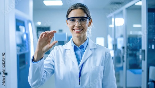 Female scientist gesturing to invisible product in clinical lab.