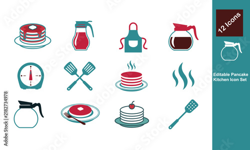 Pancake Breakfast Editable Vector Icons Set With Syrup Utensils And Kitchen Elements